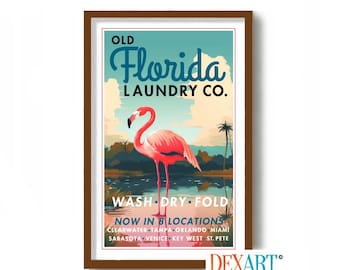 Best Seller Wall Art, Florida Flamingo Art Print, Laundry Room Decor, Vintage Florida Decor, Florida Style Laundry Sign, Coastal Wall Decor