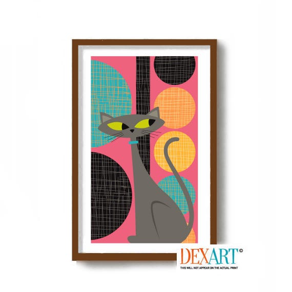 Atomic Cat Art Print Mid Century Modern Gray Tabby Cat Wall Art