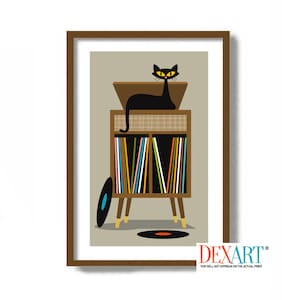 Record Player Stand, Mid Century Modern Art, Black Cat Art Print, Cat Poster, Mid Century Modern Decor, Cat Lover Gift, Vinyl Record Storage
