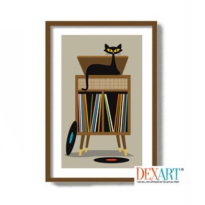 Record Player Stand, Mid Century Modern Art, Black Cat Art Print, Cat Poster, Mid Century Modern Decor, Cat Lover Gift, Vinyl Record Storage