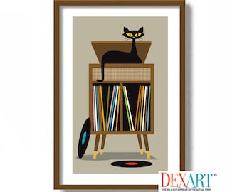 Record Player Stand, Mid Century Modern Art, Black Cat Art Print, Cat Poster, Mid Century Modern Decor, Cat Lover Gift, Vinyl Record Storage