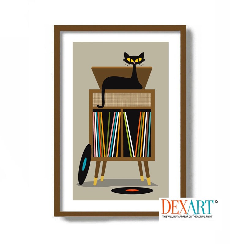 May include: A black cat sits on top of a vintage record player with a stack of colorful vinyl records. The record player has a brown wood finish and gold legs. A black vinyl record is on the floor.