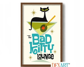 Mid Century Modern Atomic Cocktail Bar Wall Art, Black Cat Art Print, Martini Glass, Bartender Gift, Cat Lover Gift, Alcohol Wall Art