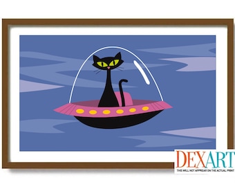 Mid Century Modern Art, Space Ship, Roswell UFO, Flying Saucer, Sci Fi Art, Black Cat Art Print, Cat Lover Gift, Science Fiction TV