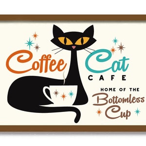 Coffee Lover Gift, Mid Century Modern Art Print, Atomic Cat Art Print, Cafe Sign, Kitchen Art, Black Cat Lover Gift, Pantry Sign, Coffee Cup