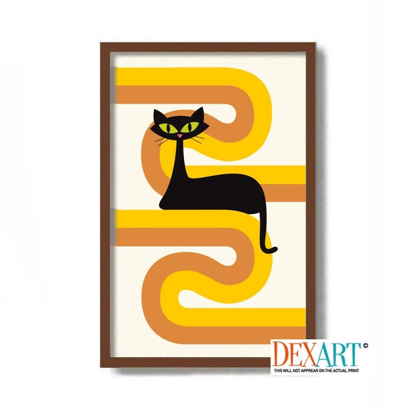 Mid Century Modern Art, Atomic Cat Lover Gift, 1960s Mod Decor, Black Cat Print, Line Graphic, MCM Wall Art, Retro Poster, Cat Pop Art Print