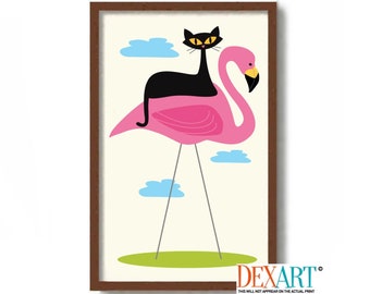 Mid Century Modern Cat and Flamingo Art, Cat Lover Gift, Pink Flamingo, Black Cat Print, Kitsch Decor, MCM Wall Art, Lawn Ornament,