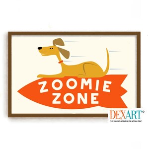 Lámina artística "Zoomies", lámina artística "Área de juegos para perros", lámina artística para pared con temática de perros, decoración de pared moderna de mediados de siglo, regalo amarillo para amantes de los perros, papá de perros