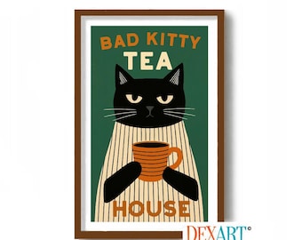 Cat and Tea Kitchen Wall Art Print, Bad Kitty, Mid Century Modern Cat Poster, Black Cat, Tea Cup, Atomic Cat, Tea Drinker, Grumpy Cat