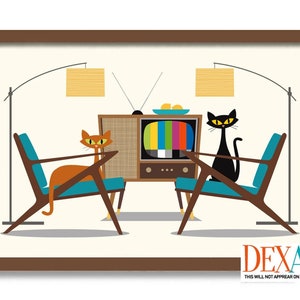 Mid Century Modern Art, Black Cat Art Print, Z Chair, Atomic Cat, Living Room Wall Art, Cat Lover Gift, Retro TV, Danish Modern image 1