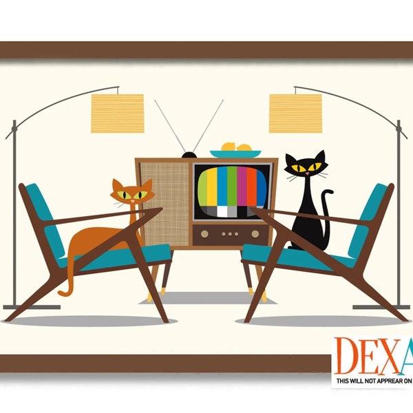 Mid Century Modern Art, Black Cat Art Print, Z Chair, Atomic Cat, Living Room Wall Art, Cat Lover Gift, Retro TV, Danish Modern