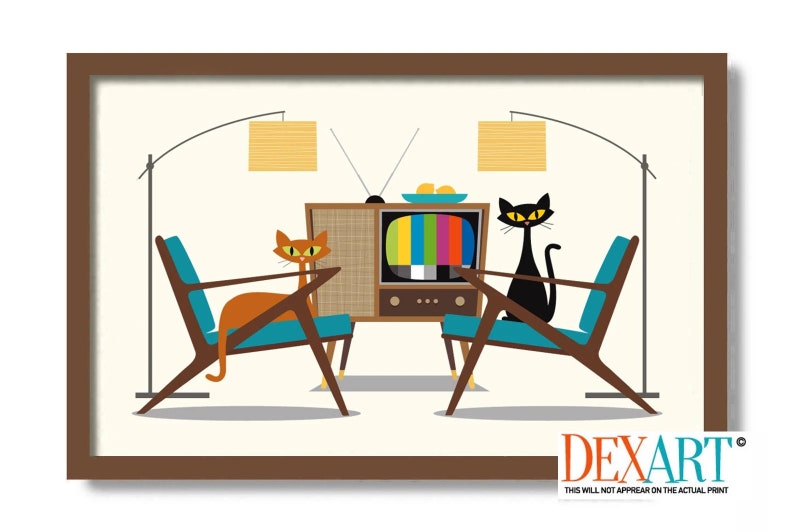 Mid Century Modern Art, Black Cat Art Print, Z Chair, Atomic Cat, Living Room Wall Art, Cat Lover Gift, Retro TV, Danish Modern image 1