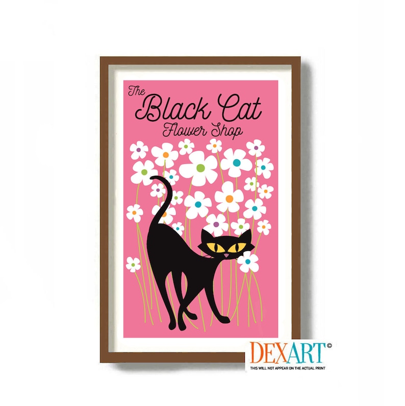 May include: A pink background with a black cat standing in a field of white flowers. The text "The Black Cat Flower Shop" is at the top of the image.