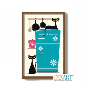 May include: A turquoise blue refrigerator with a white flower design and the text "GENERAL ELECTRIC" on the front. Two black cats are on top of the refrigerator and one black cat is sitting in front of it. There is a pink coffee can on a shelf above the refrigerator.
