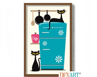 Mid Century Modern Wall Art, Retro Kitchen Art Print, Black Cat Art Print, Black Cat Gift Idea, Cat Lover Gift, Vintage Refrigerator