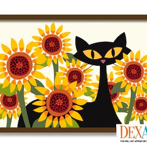 Sunflower Wall Decor Cat Art Print, Black Cats Art, Cats and Flowers, Gardening Gardener Gift, Mid Century Modern Art Print, Cat Lover Gift