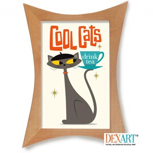 Cat and Tea Lover Gift, Mid Century Modern Cat Wall Art Print, Gray Tabby Cat, Tea Cup, Atomic Cat, Cool Cat with Beret, Tea Drinker