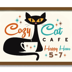 Mid Century Modern Art Print, Atomic Cat Art Print, Cafe Sign, Kitchen Art, Black Cat Lover Gift, Pantry Sign, Coffee Cup, Coffee Lover Gift