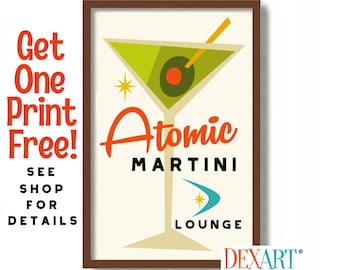 Vintage Martini Glass Art Print, Mid Century Modern Art, Bar Sign, Dirty Martini, Gin Olive Vodka, Bartender Gift, Alcohol Sign Mixed Drinks