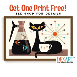 Mid Century Modern Art, Kitchen Art Print, Black Cat Lover Gift, Kitchen Decor, Coffee Lover Gift, Retro Coffee Pot, Atomic Star Art