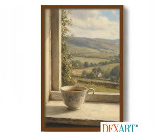 Cozy Home Decor, Calming Wall Art Print, Tea Lover Gift, Farmhouse Poster, Tea Cup, Country Painting, Hygge Decor, Irish Countryside