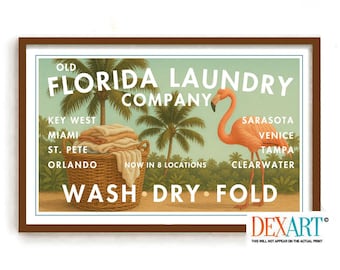 Vintage Laundry Room Wall Art, Old Florida, 11x17 Vintage Coastal Print, Retro Tropical Laundry Sign, Beach House Wall Decor, Pink Flamingo