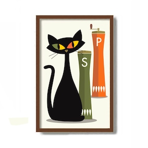 Mid Century Modern Art Print, Retro Kitchen Art Print, Salt and Pepper Shakers, Black Cat Art Print, Kitty Shaker, Cat Lover Gift