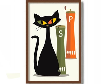 Mid Century Modern Art Print, Retro Kitchen Art Print, Salt and Pepper Shakers, Black Cat Art Print, Kitty Shaker, Cat Lover Gift