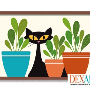 May include: A black cat with yellow eyes peeks out from behind three potted plants. The plants have green leaves and are in colorful pots: blue, orange, and brown.