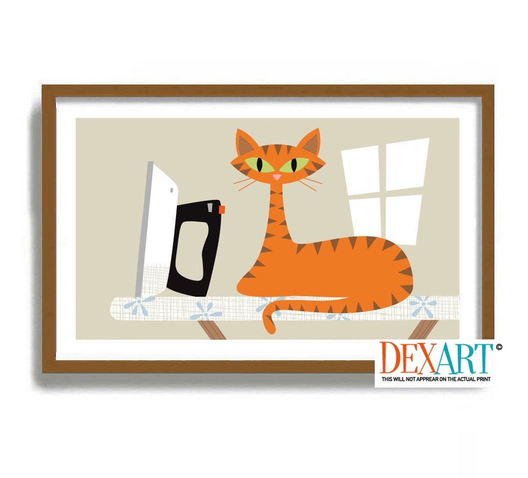 Laundry Room Decor, Tabby Cat, Orange Cat Art Print, Mid Century Modern ...