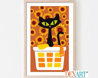 Boho Laundry Room Decor, Atomic Cat Mid Century Modern Art Print, Cat Wall Art, Black Cat, Cat Lover Gift Idea Laundry Sign Bathroom Towels