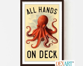 Nautical Beach House Decor, Octopus Poster, Beach Print, Funny Art Print, Restaurant Sign, Seaside Wall Art, Florida Kitchen Art Mud Room