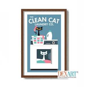 Puede incluir: Una ilustración de estilo vintage de una lavadora con un gato negro sentado encima en una cesta de la ropa. El texto "The Clean Cat Laundry Co." está por encima del gato. Un gato blanco asoma por la puerta de la lavadora.