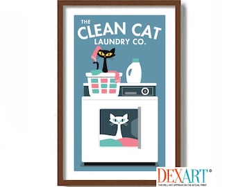 Cat Art Print Laundry Room Decor, Mid Century Modern Wall Art, Laundry Sign, Black Cat Gift Idea, White Cat Cat Lover Gift, Laundry Basket