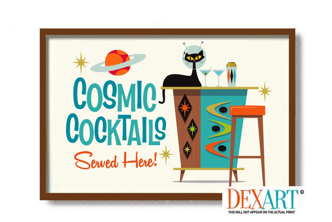 Mid Century Modern Cocktail Bar Wall Art, Black Cat Art Print ...