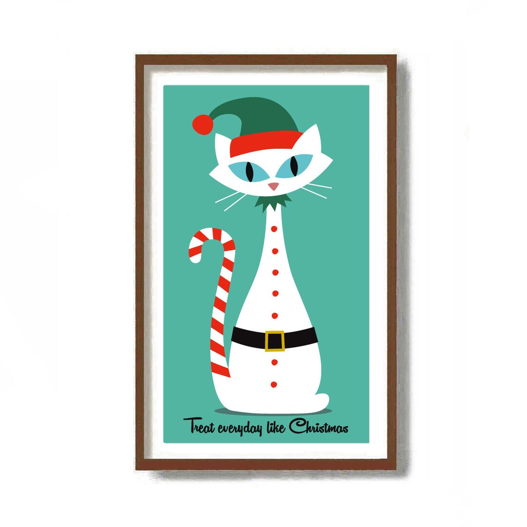 Christmas Cat Elf Art Print, Candy Cane, Merry Christmas Greeting