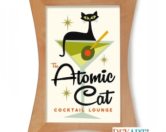 Mid Century Modern Black Cat Cocktail Art Print: Atomic Bar Decor
