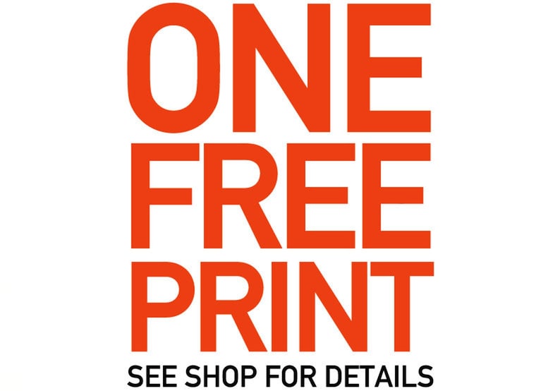 May include: Orange text on a white background reads "ONE FREE PRINT" with the words "SEE SHOP FOR DETAILS" below.