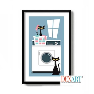 Black Cat Laundry Art Print, Laundry Room Decor, Cat Lover Gift, Clothespins, Art Print, Clothes Basket, Wash Dry Fold Repeat Wall Art