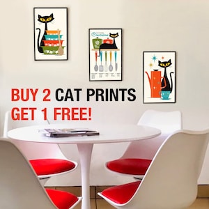 Mid Century Modern Cat and Kitchen Art Print, Wall Art, Black Cat Art Print, Coffee Lover Gift, Retro Coffee Pot, DexMex Atomic Star Decor image 2