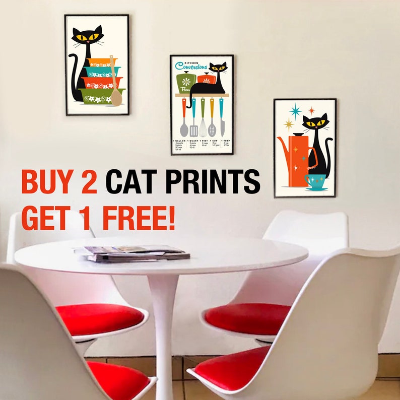 Mid Century Modern Cat and Kitchen Art Print, Wall Art, Black Cat Art Print, Coffee Lover Gift, Retro Coffee Pot, DexMex Atomic Star Decor image 2