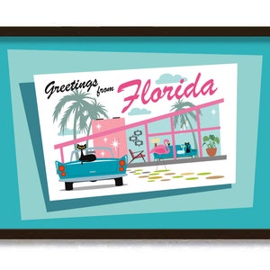 Florida Postcard, Mid Century Modern Art Print, Retro House Decor, Cat Lover Gift, Contemporary Home Atomic Cat Wall Art, Pink Flamingo