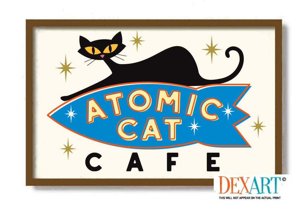 Mid Century Modern Atomic Cocktail Bar Wall Art, Black Cat Art Print ...