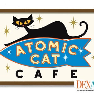 Mid Century Modern Atomic Cocktail Bar Wall Art, Black Cat Art Print, Rocket Spaceship, Bartender Gift, Cat Lover Gift, Martini Glass