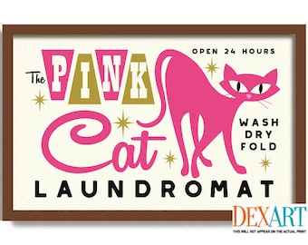 Atomic Cat Mid Century Modern Art Print, Laundry Room Decor Cat Wall Art, Pink Cat Art, Cat Lover Gift Idea Laundry Sign Bathroom Towels