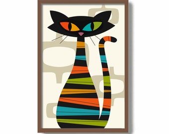 Black Cat Art Mid Century Modern Home Wall Decor, Cat Lover Gift Wall Decor Print Design Scandinavian Design Retro Poster Contemporary Style
