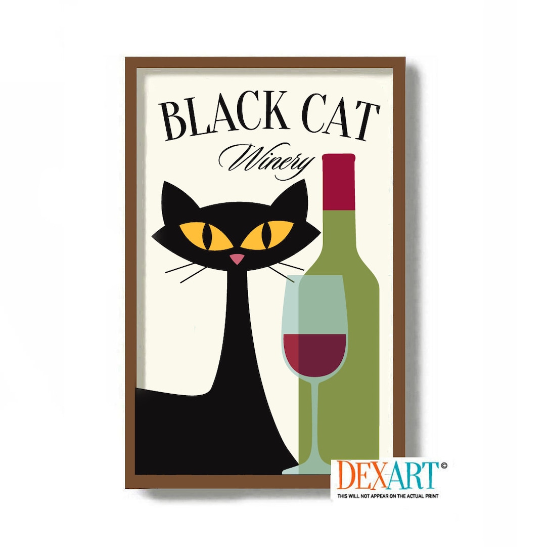 Cats and Wine Art Print, Wine Lover Gift Black Cat Print, Mid Century ...