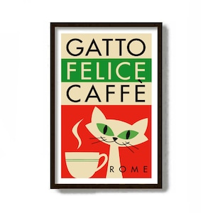 Italian Cafe, Mid Century Modern Wall Art, Cat Lover Gift, Coffee Sign, Kitchen Art Print, Rome Italy, Coffee Poster Sign, Espresso Cup