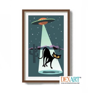 Mid Century Modern Art, Roswell UFO, Flying Saucer, Sci Fi Art, Black Cat Art Print, Cat Lover Gift, Science Fiction TV, Southwest Decor