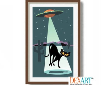 Mid Century Modern Art, Roswell UFO, Flying Saucer, Sci Fi Art, Black Cat Art Print, Cat Lover Gift, Science Fiction TV, Southwest Decor